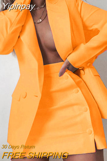 Yipinpay Women 2 Piece Set Fashion Streetwear Long Sleeve Blazer Jacket Sets + Skirt Slim Suit Elegant Office Lady Casual Coat Suits